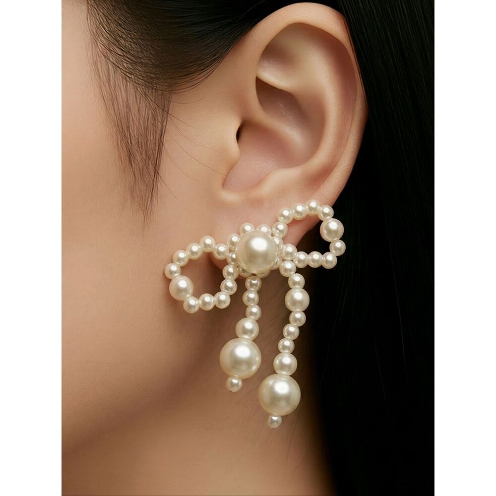 Handmade Pearl Bow Earrings | Elegent Ivory Studs Romantic Prom Bridal Gift NWT